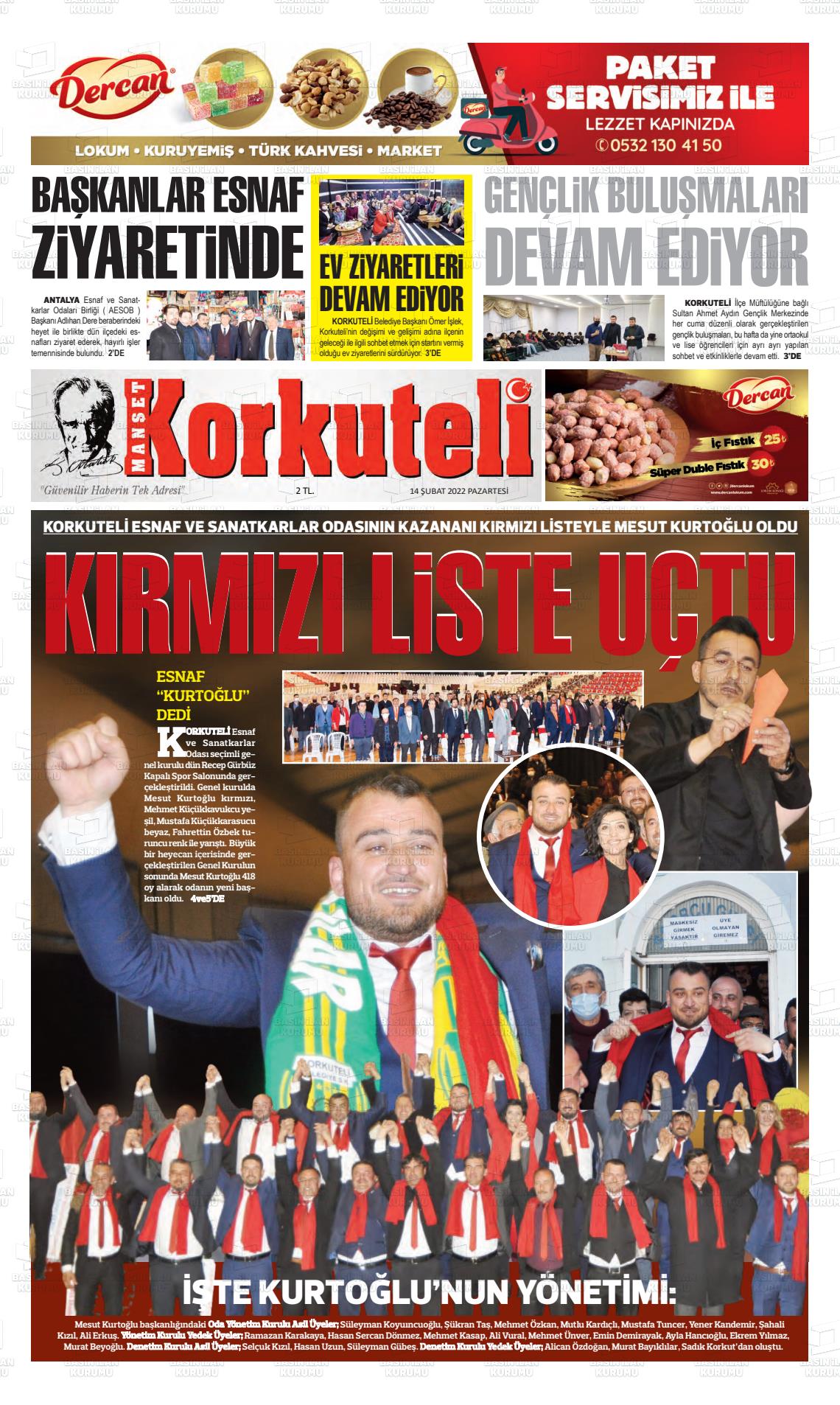 14 Şubat 2022 Korkuteli Manşet Gazete Manşeti