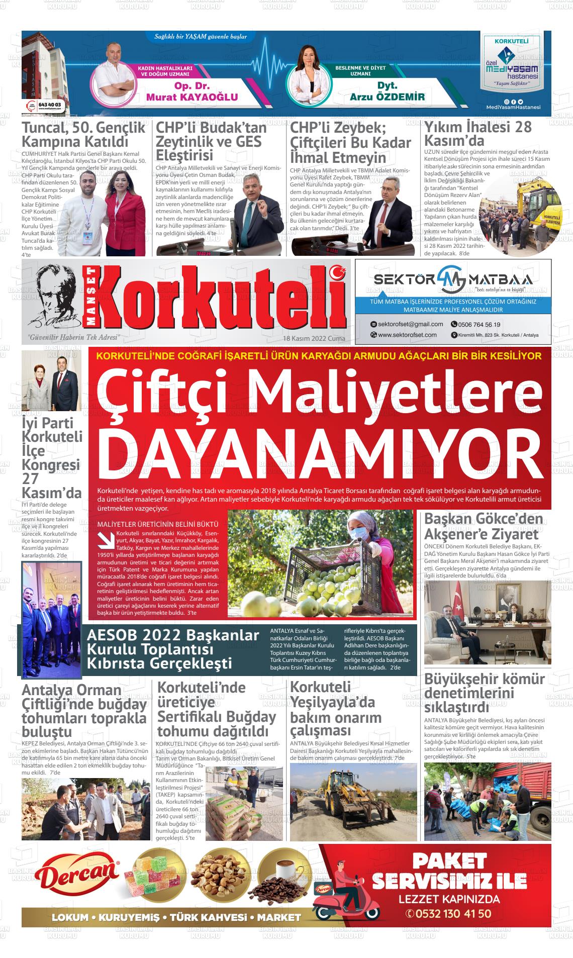 18 Kasım 2022 Korkuteli Manşet Gazete Manşeti