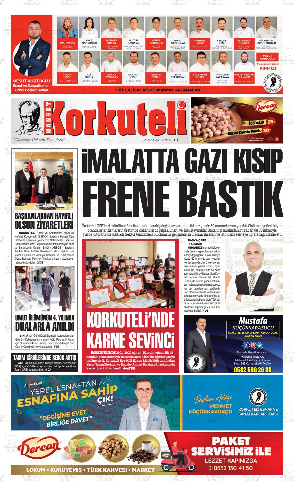 22 Ocak 2022 Korkuteli Manşet Gazete Manşeti