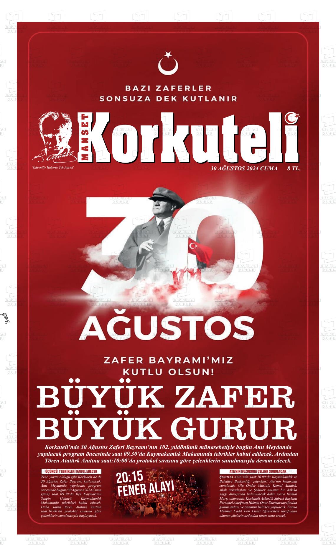 30 Ağustos 2024 Korkuteli Manşet Gazete Manşeti