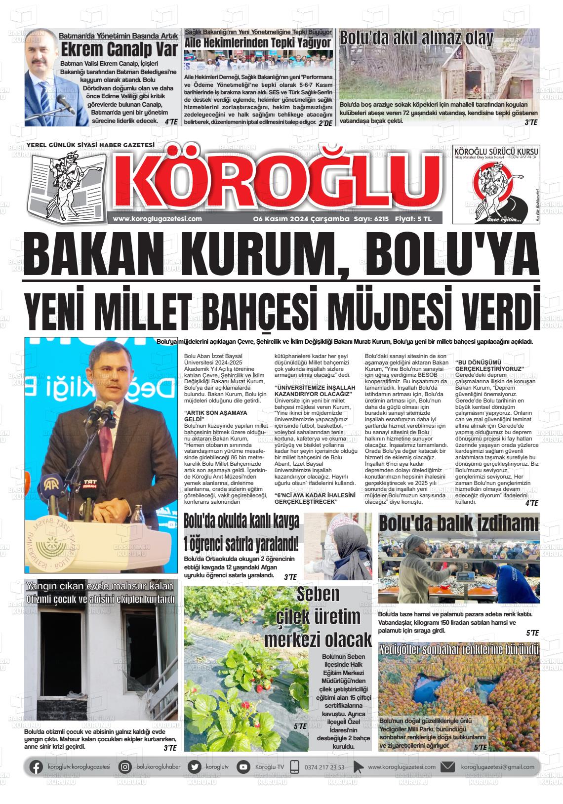 06 Kasım 2024 Köroğlu Gazete Manşeti