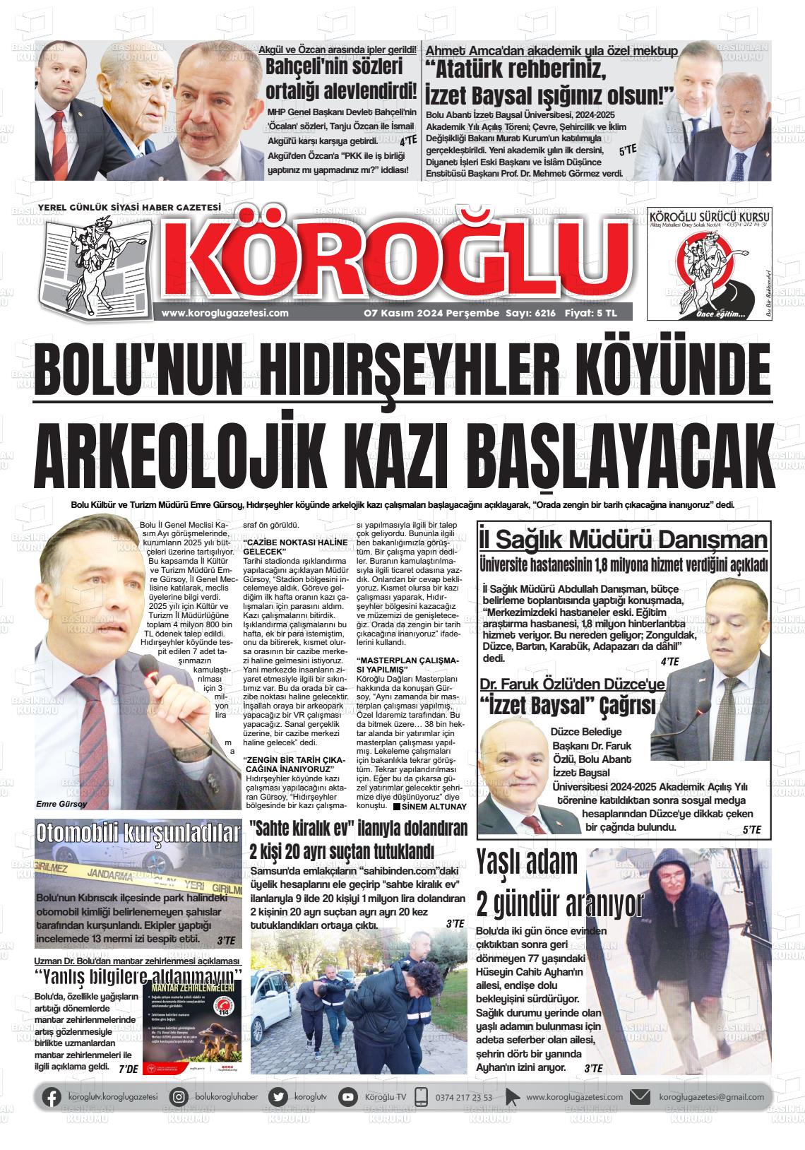 07 Kasım 2024 Köroğlu Gazete Manşeti