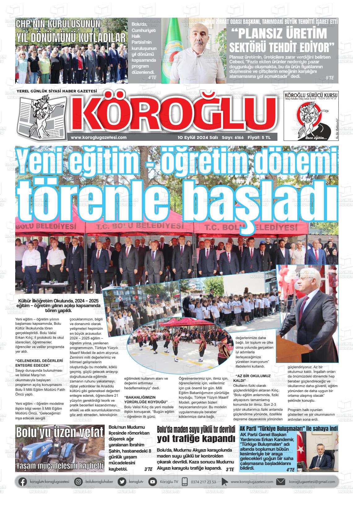 10 Eylül 2024 Köroğlu Gazete Manşeti