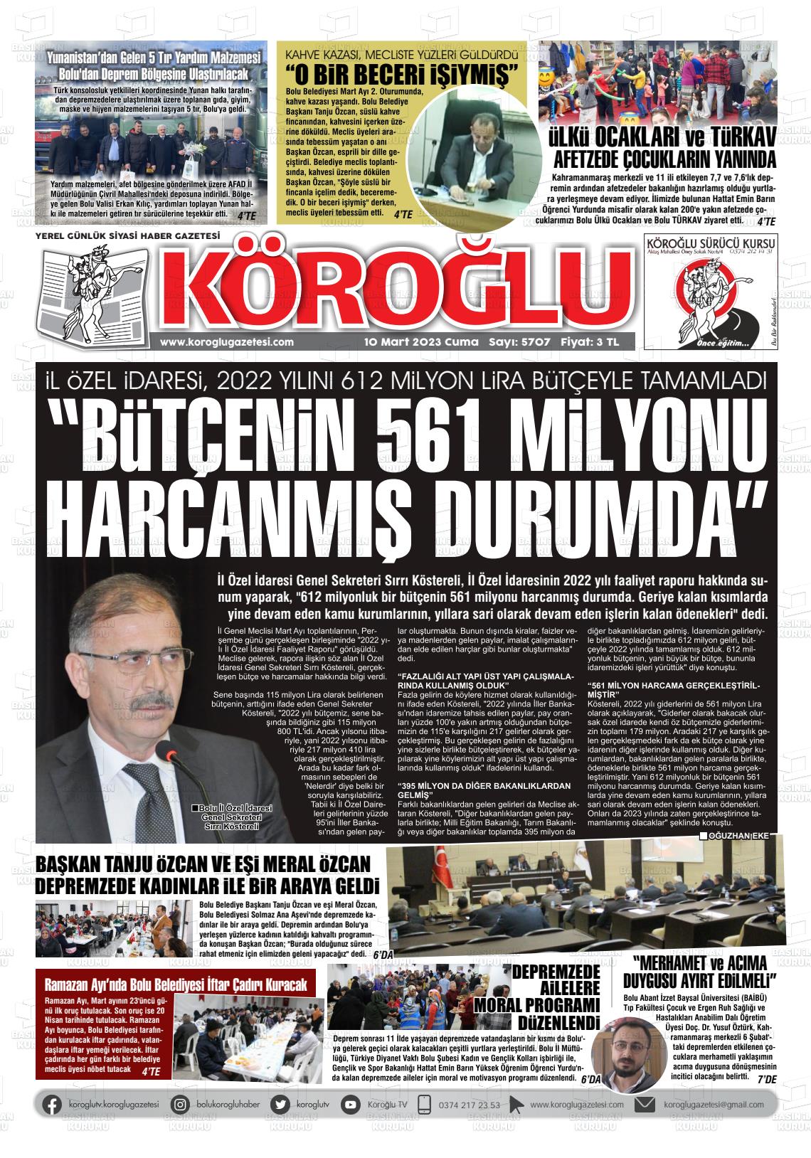 10 Mart 2023 Köroğlu Gazete Manşeti