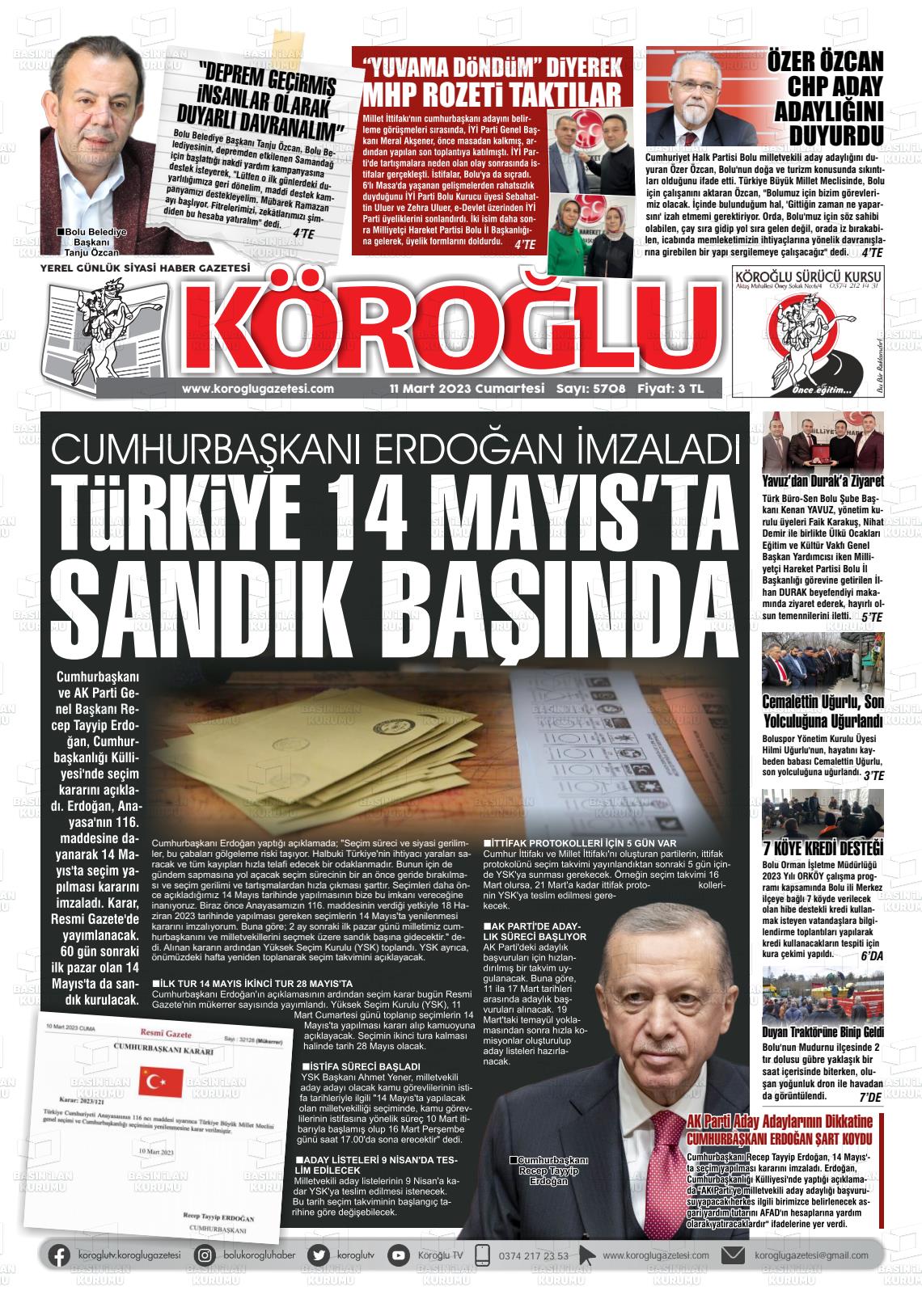 11 Mart 2023 Köroğlu Gazete Manşeti