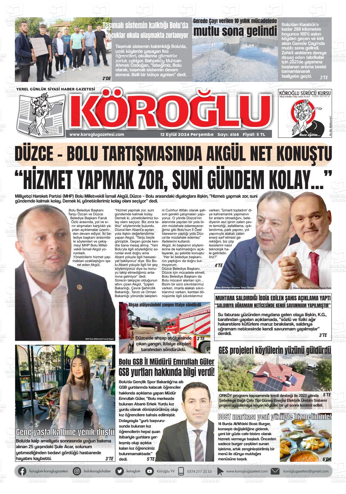 12 Eylül 2024 Köroğlu Gazete Manşeti