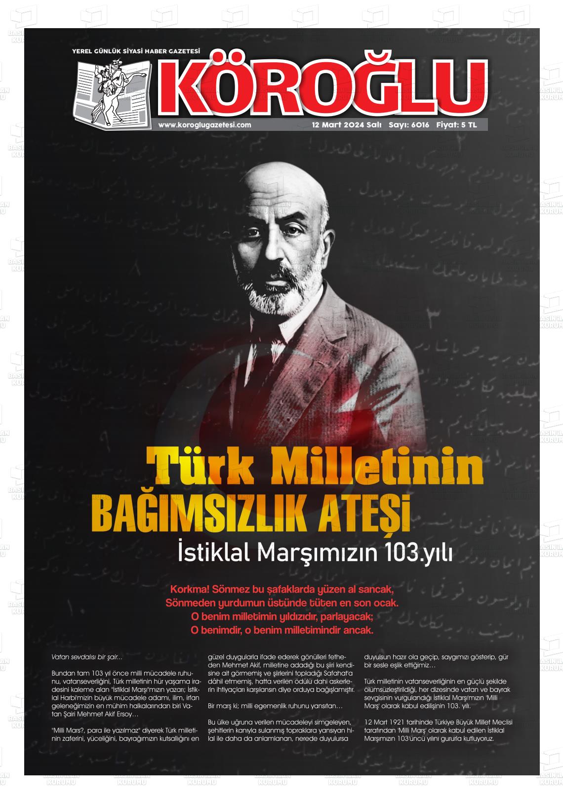 12 Mart 2024 Köroğlu Gazete Manşeti