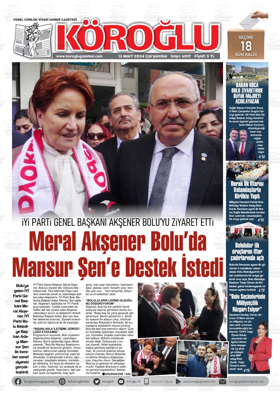 13 Mart 2024 Köroğlu Gazete Manşeti