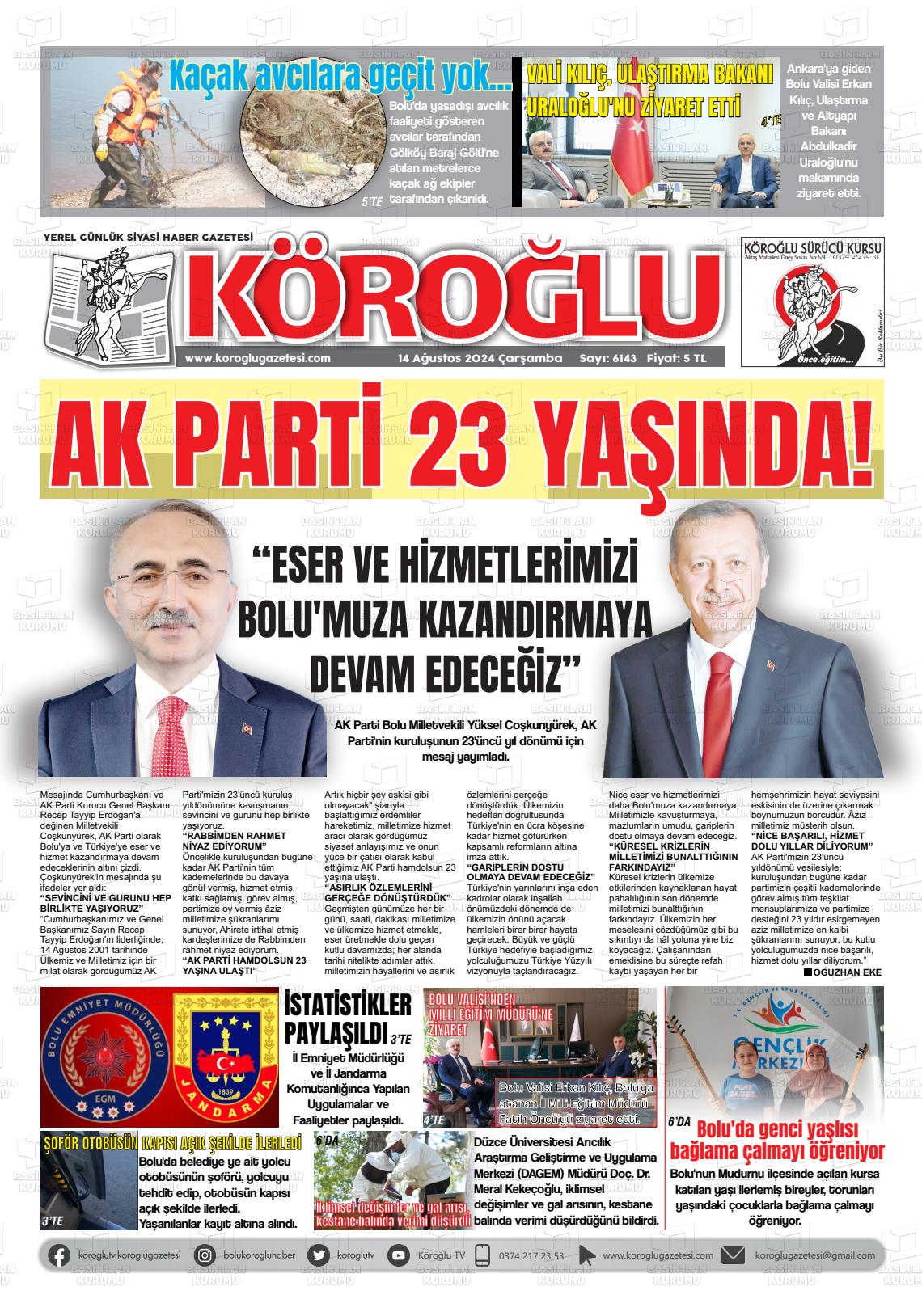 14 Ağustos 2024 Köroğlu Gazete Manşeti