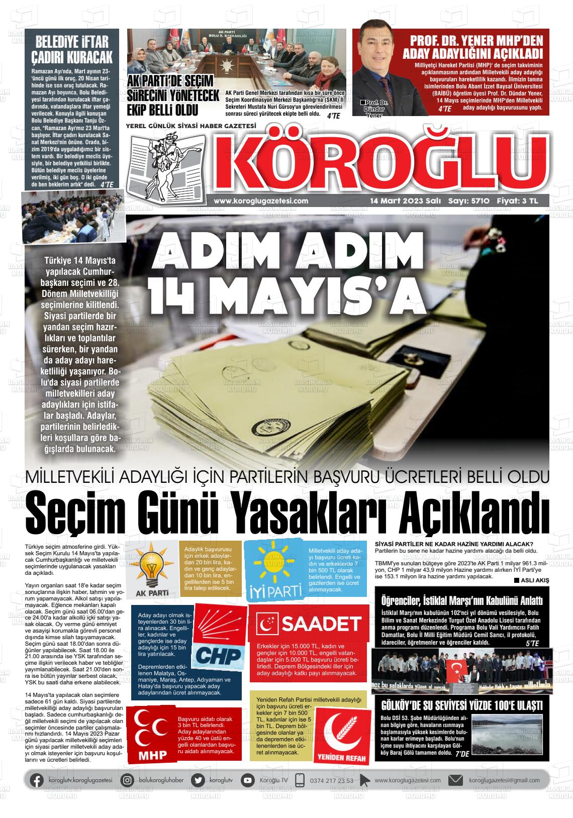 14 Mart 2023 Köroğlu Gazete Manşeti