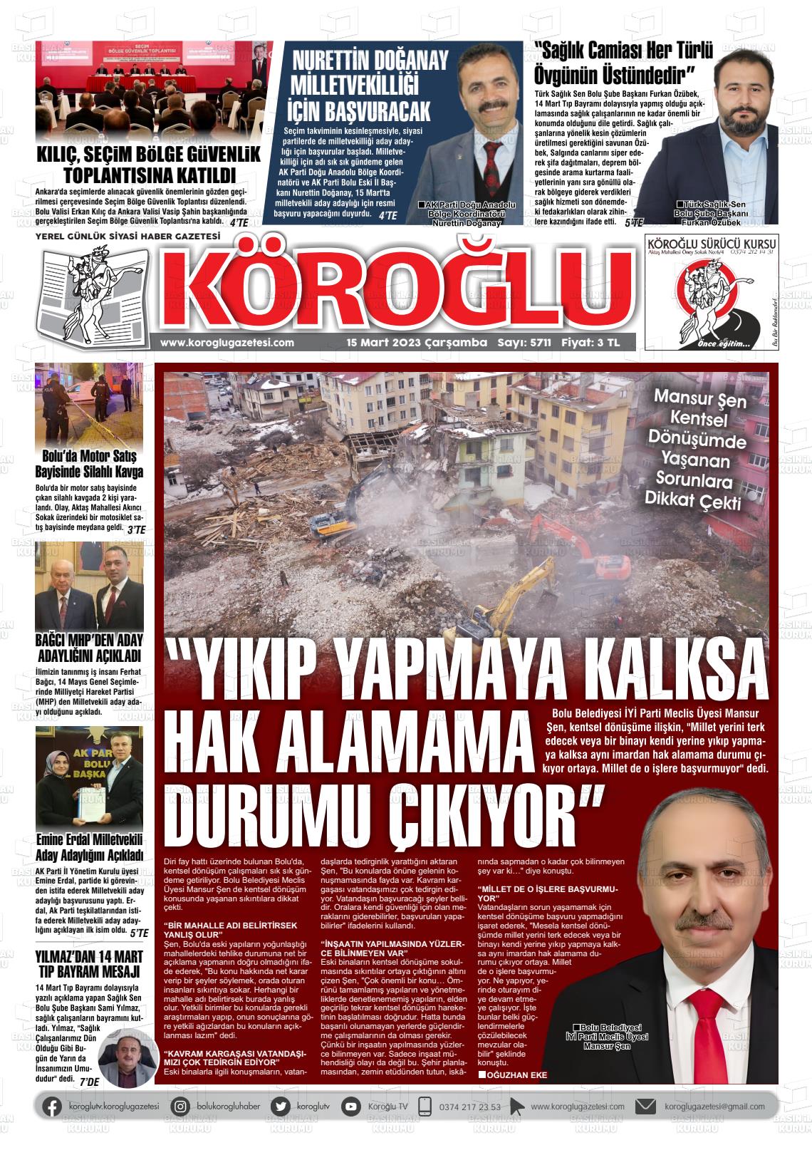 15 Mart 2023 Köroğlu Gazete Manşeti