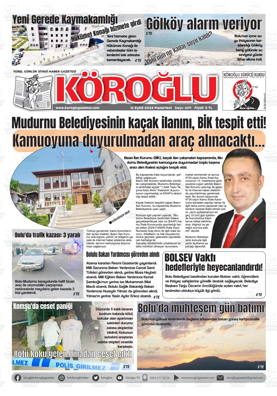 16 Eylül 2024 Köroğlu Gazete Manşeti