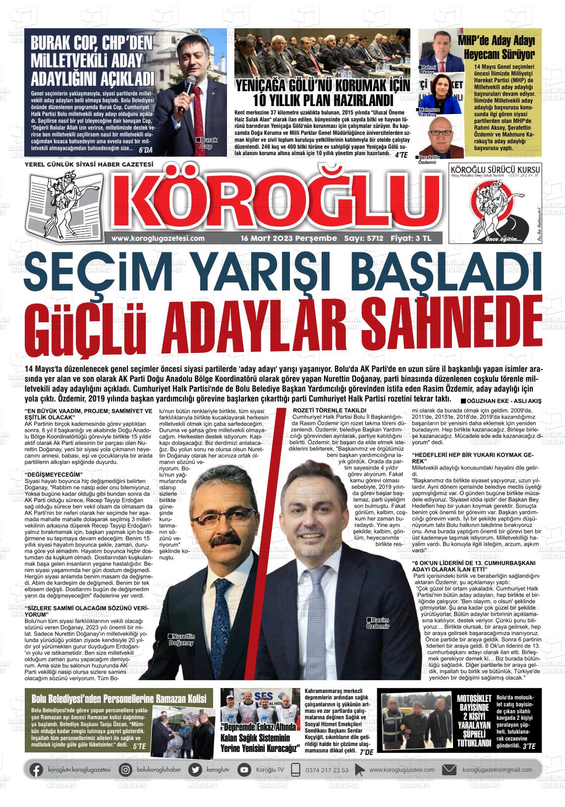 16 Mart 2023 Köroğlu Gazete Manşeti