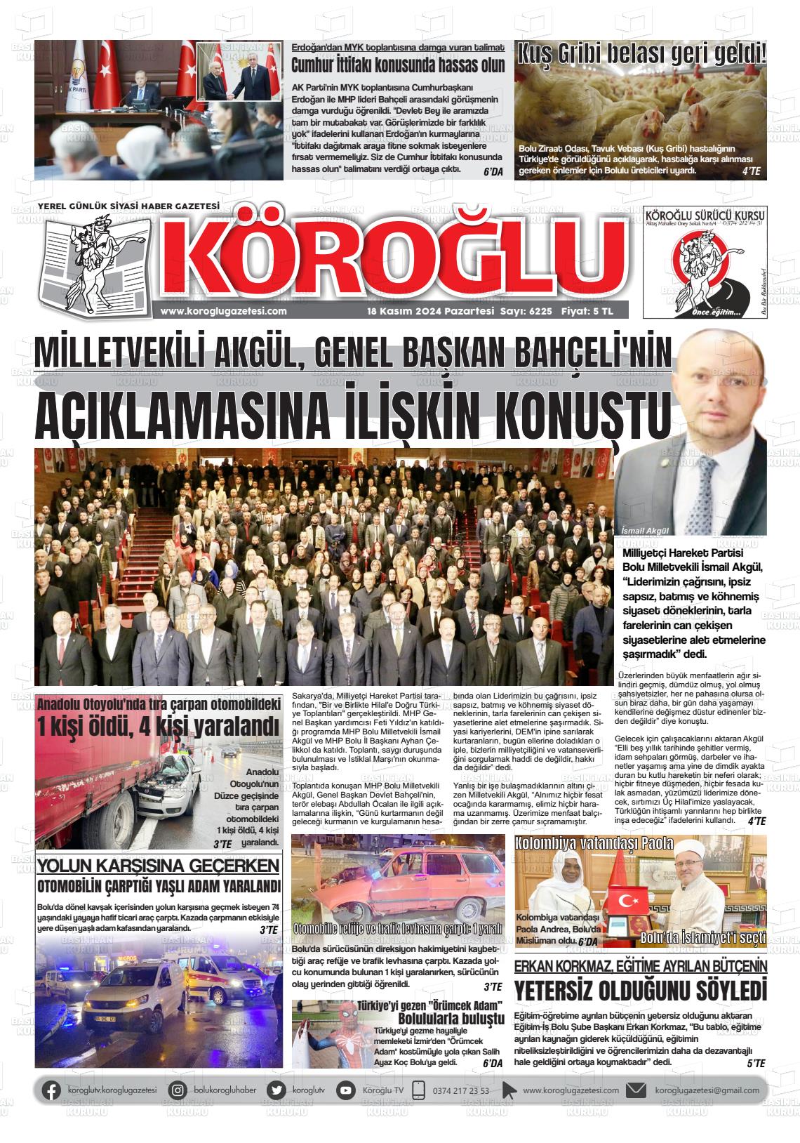 18 Kasım 2024 Köroğlu Gazete Manşeti