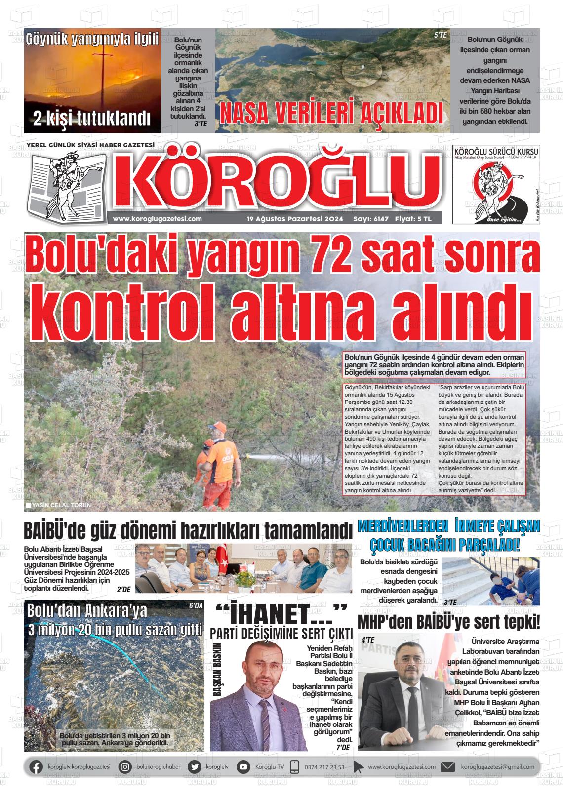 19 Ağustos 2024 Köroğlu Gazete Manşeti