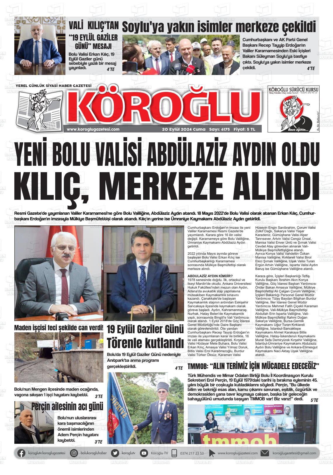 20 Eylül 2024 Köroğlu Gazete Manşeti