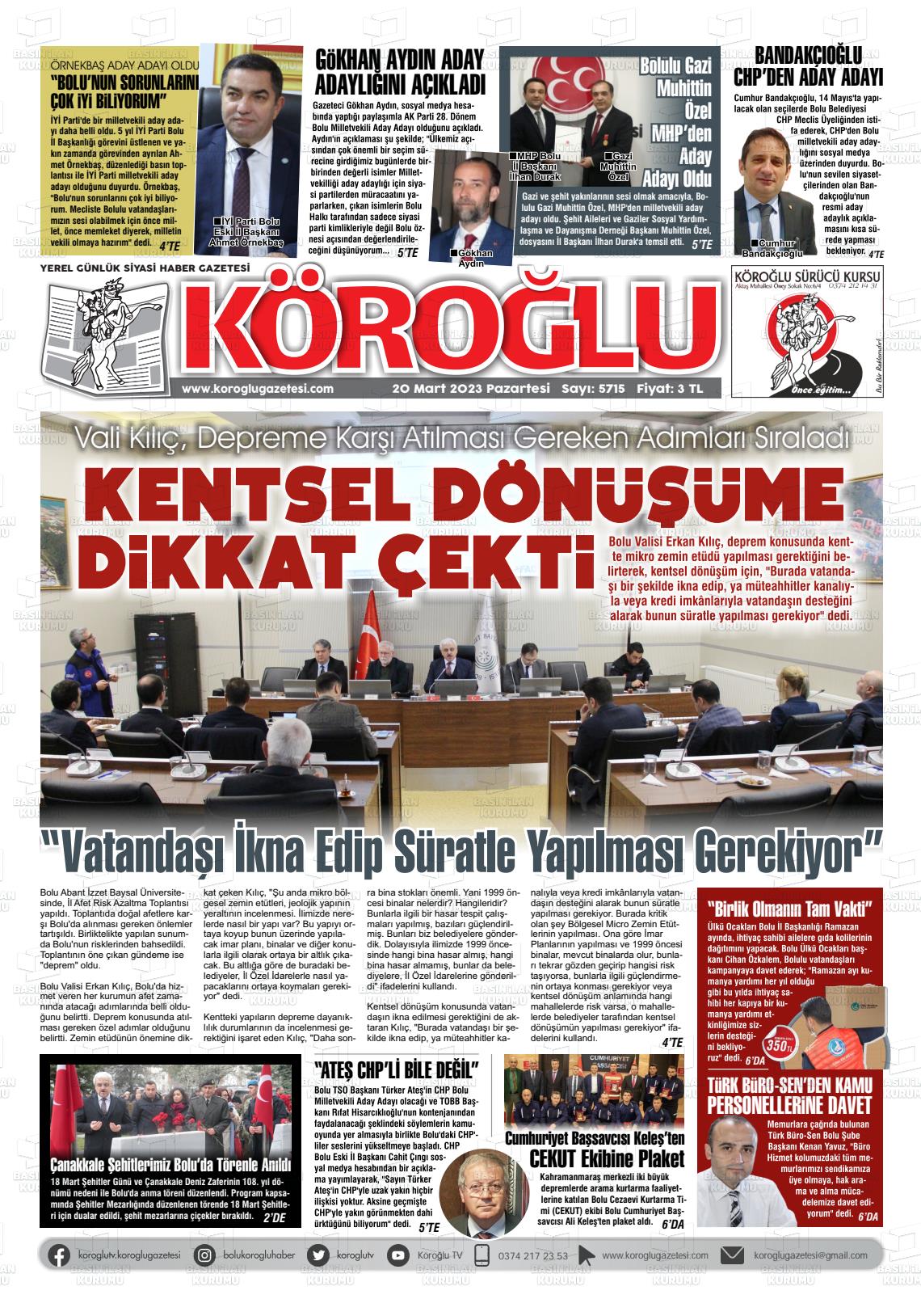 20 Mart 2023 Köroğlu Gazete Manşeti