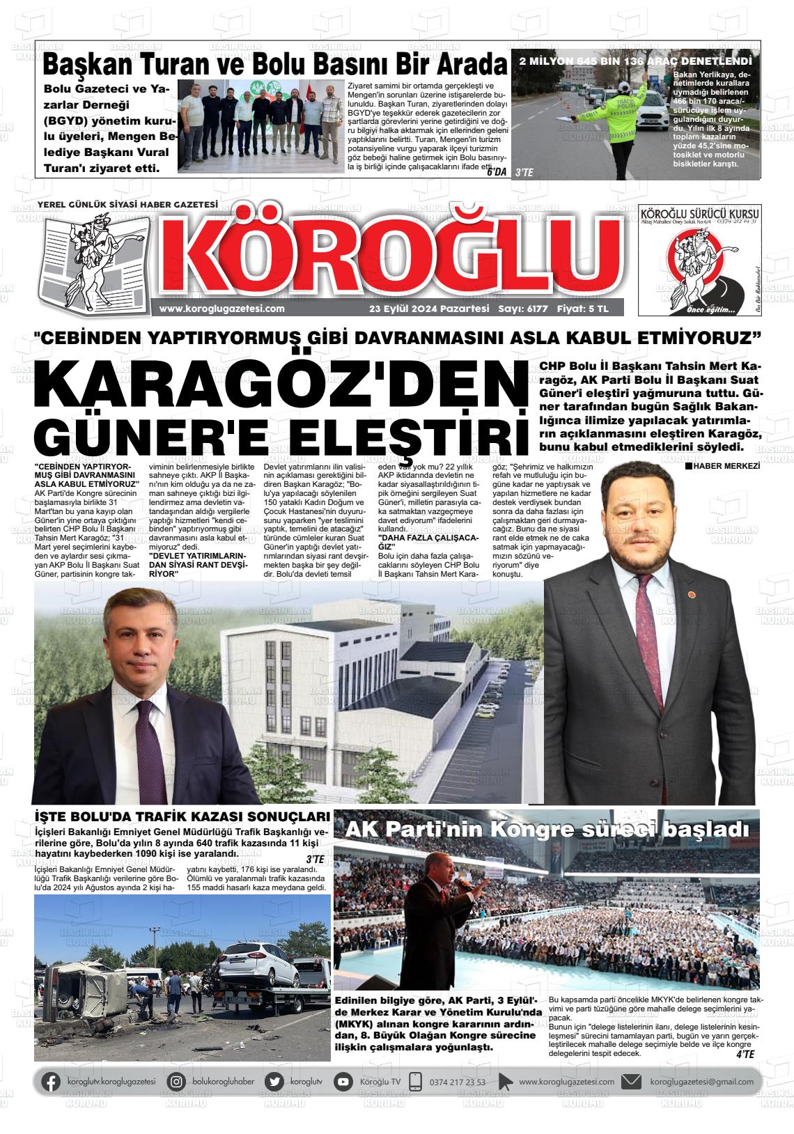 23 Eylül 2024 Köroğlu Gazete Manşeti