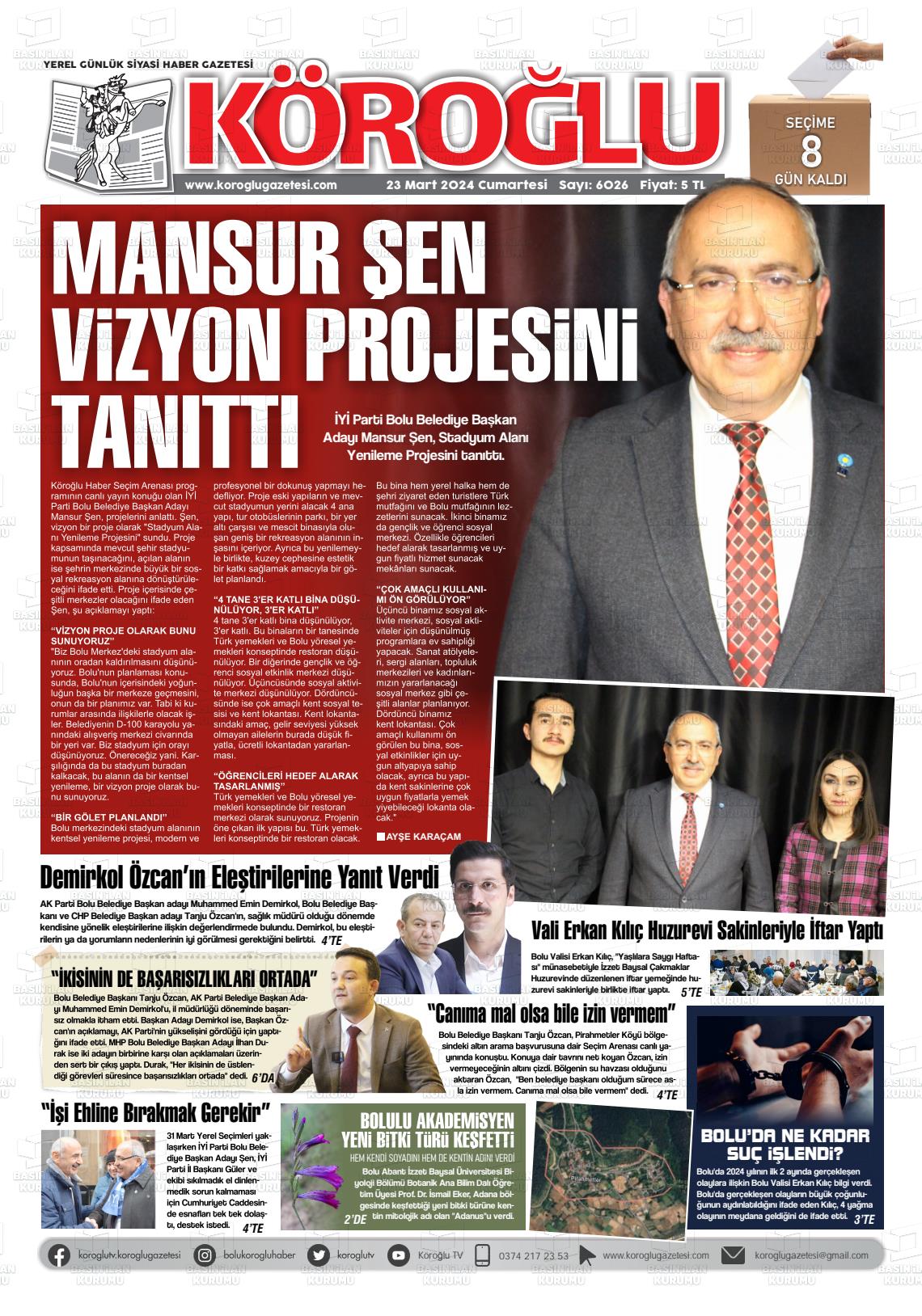 23 Mart 2024 Köroğlu Gazete Manşeti