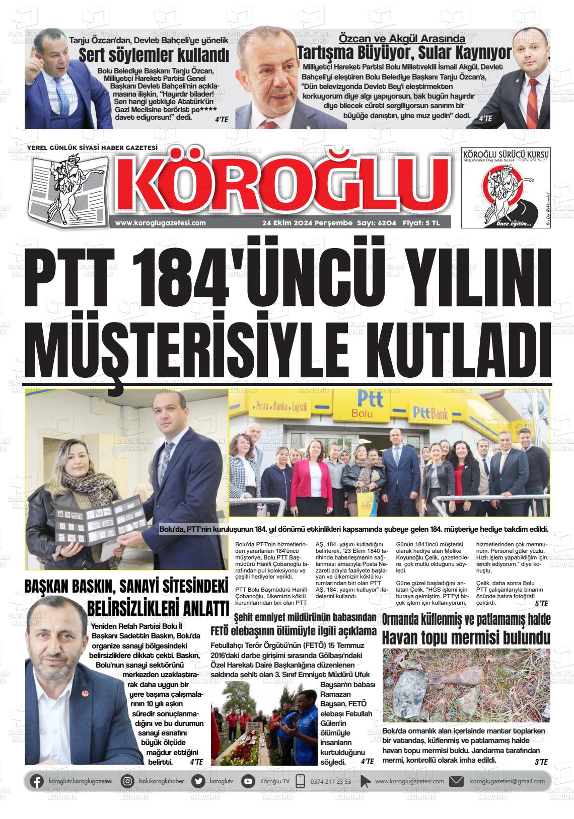 24 Ekim 2024 Köroğlu Gazete Manşeti