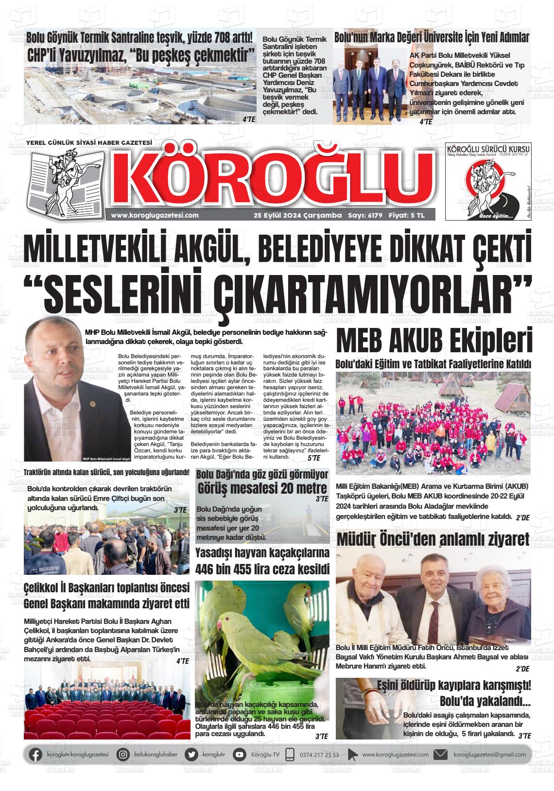 25 Eylül 2024 Köroğlu Gazete Manşeti