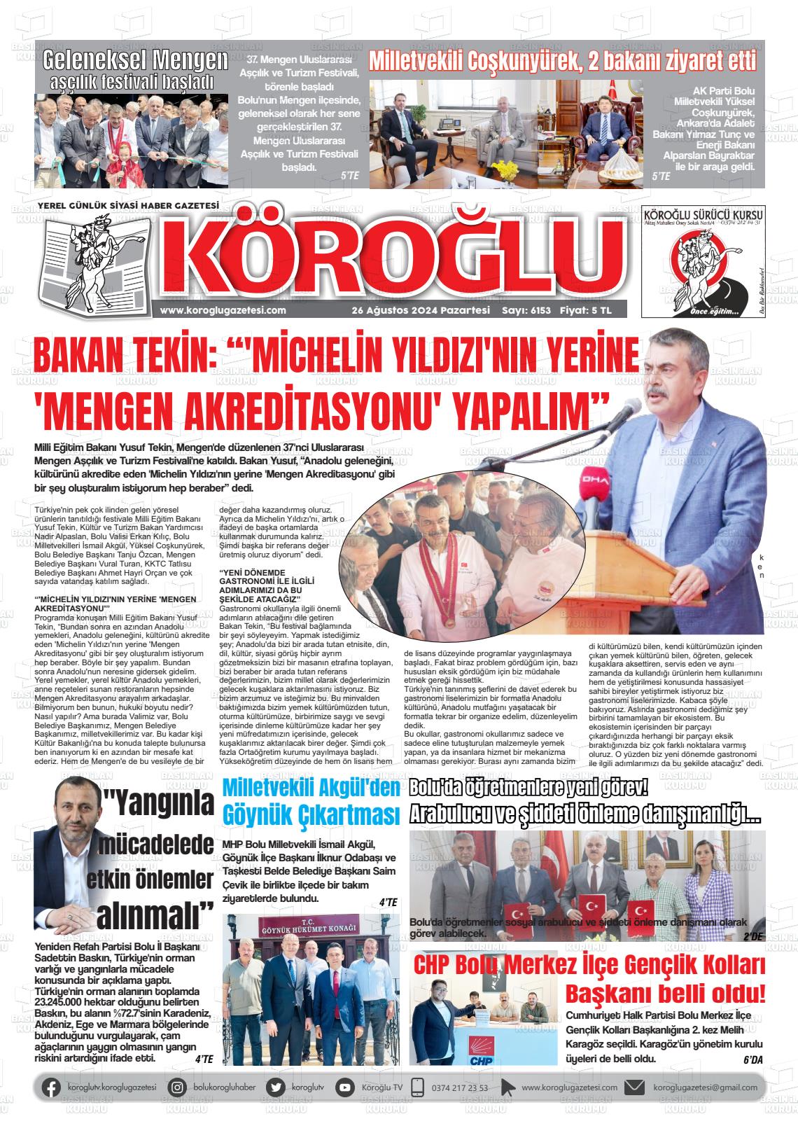 26 Ağustos 2024 Köroğlu Gazete Manşeti