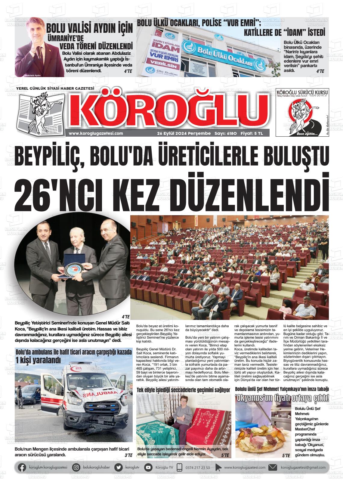 26 Eylül 2024 Köroğlu Gazete Manşeti