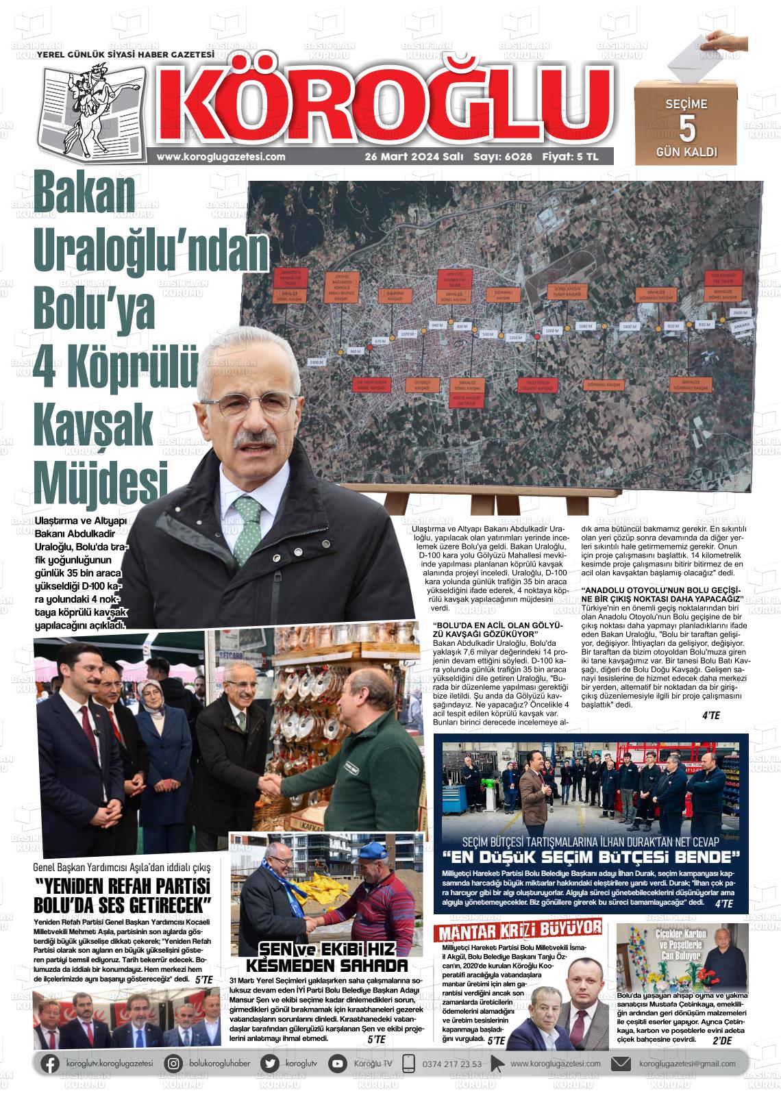 26 Mart 2024 Köroğlu Gazete Manşeti