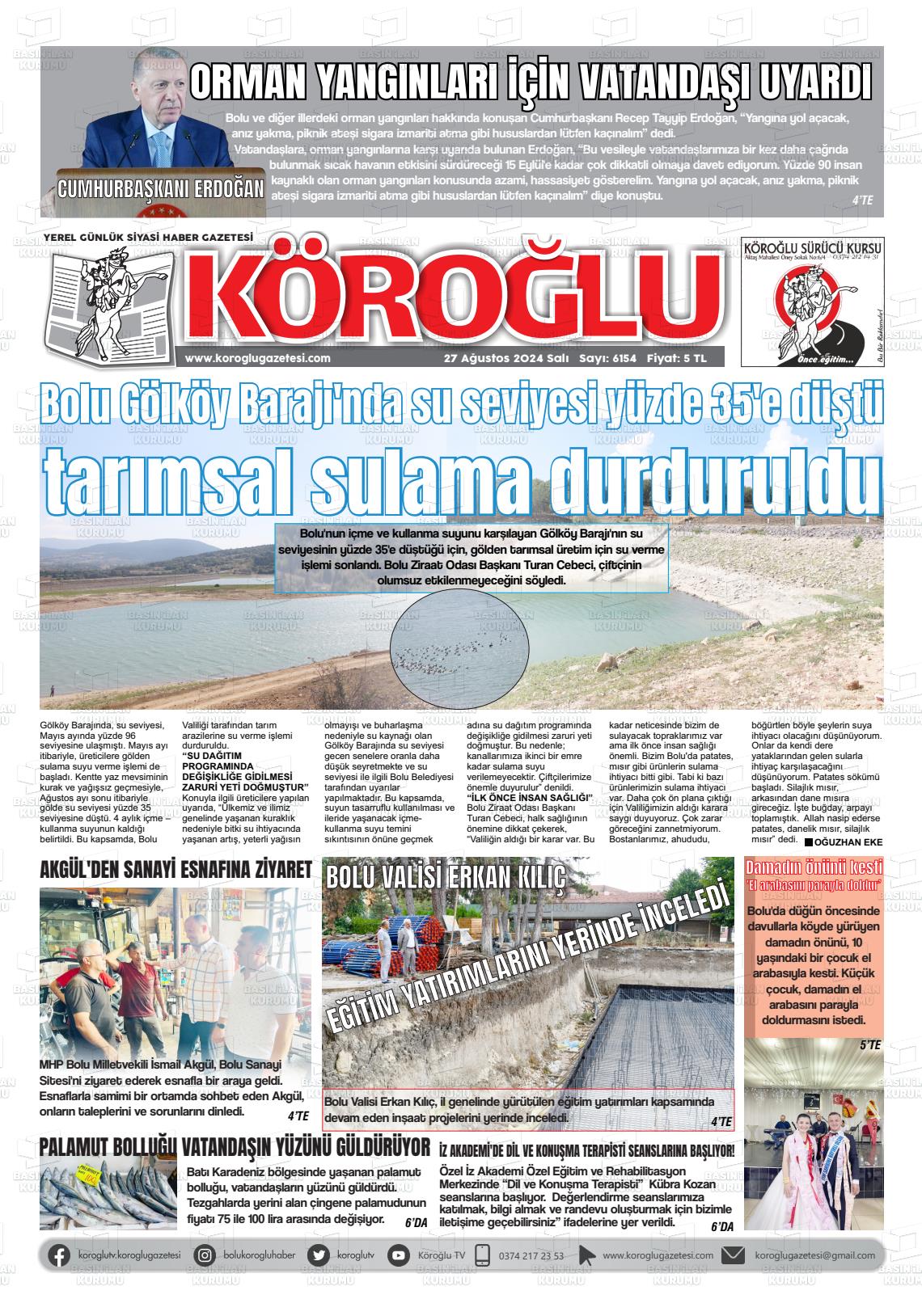 27 Ağustos 2024 Köroğlu Gazete Manşeti