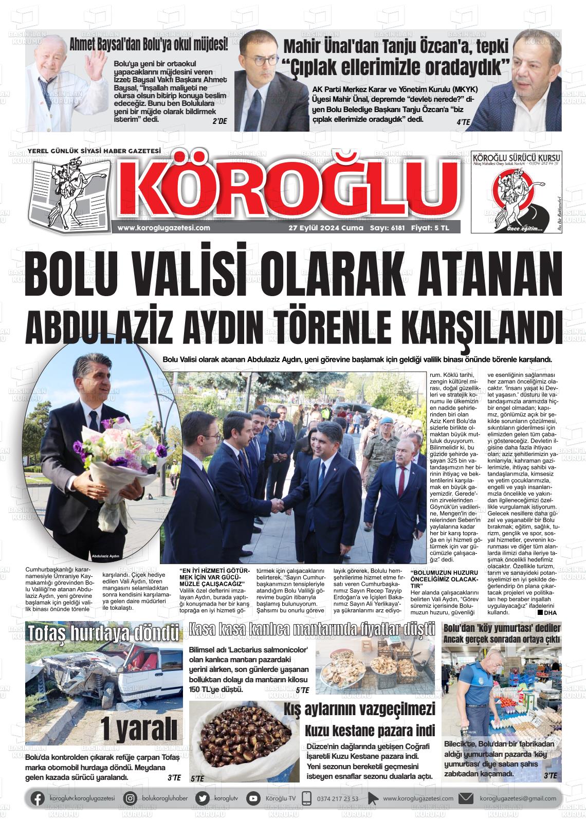 27 Eylül 2024 Köroğlu Gazete Manşeti