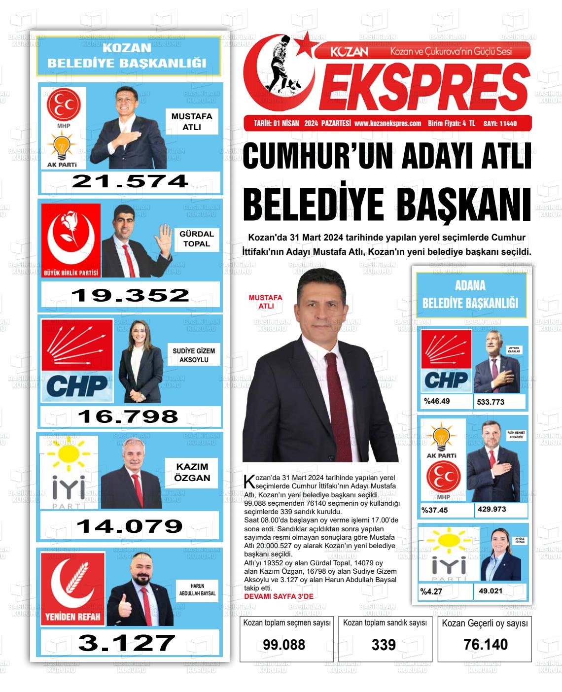 01 Nisan 2024 Kozan Ekspres Gazete Manşeti