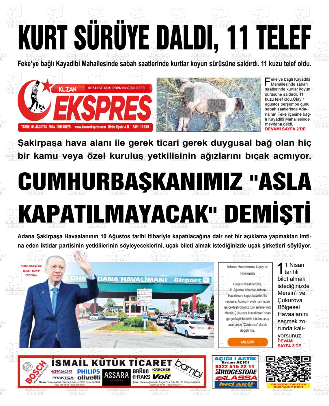 03 Ağustos 2024 Kozan Ekspres Gazete Manşeti