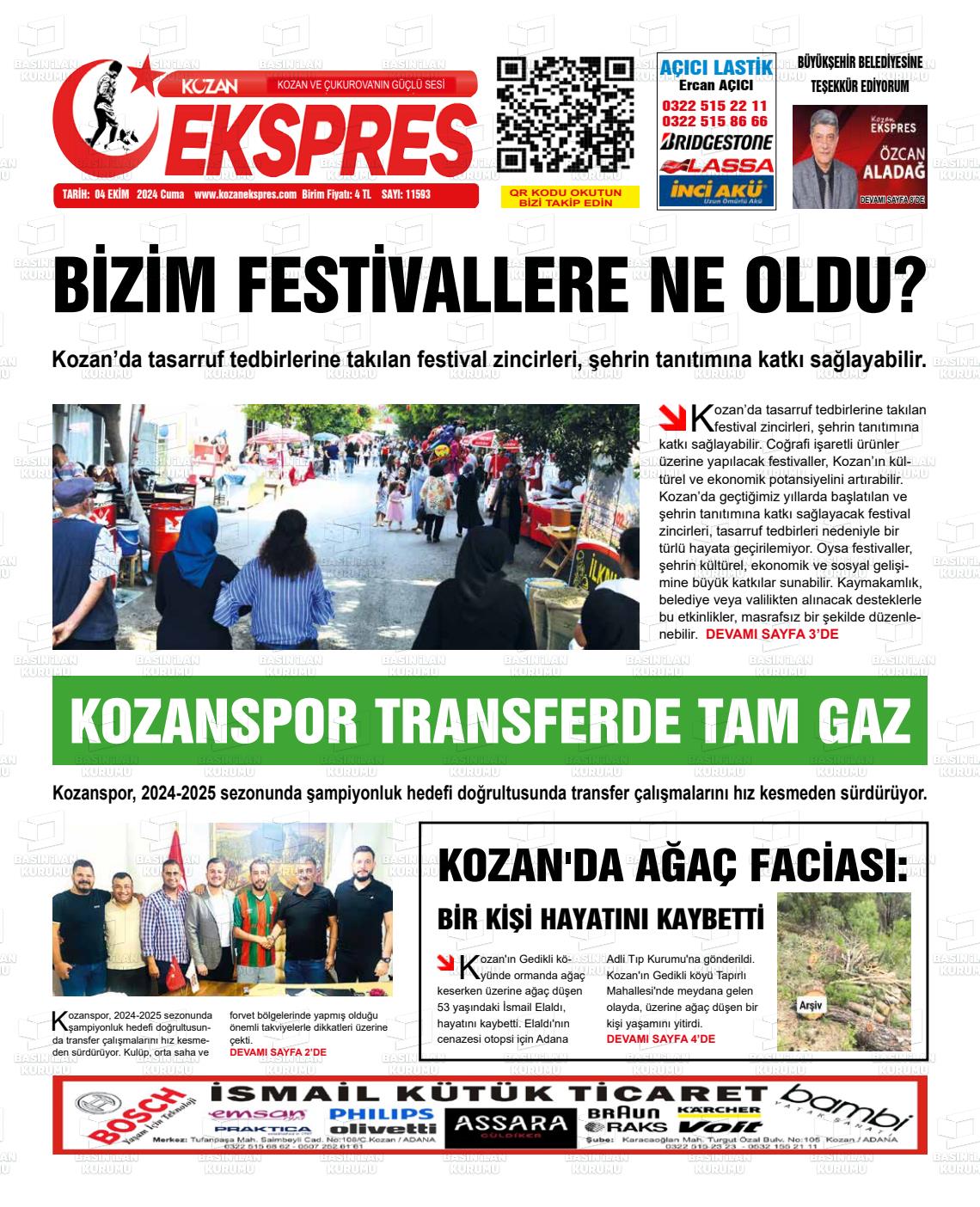 04 Ekim 2024 Kozan Ekspres Gazete Manşeti