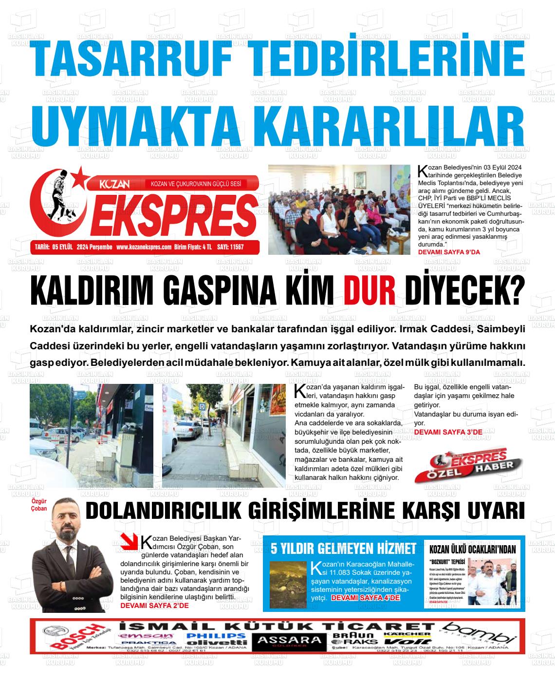 05 Eylül 2024 Kozan Ekspres Gazete Manşeti