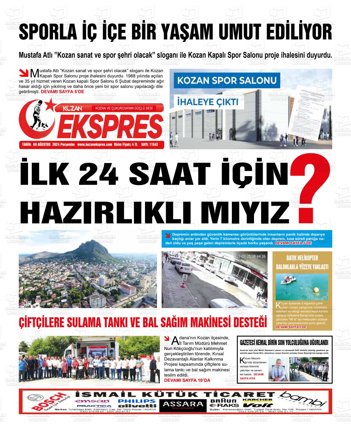 08 Ağustos 2024 Kozan Ekspres Gazete Manşeti