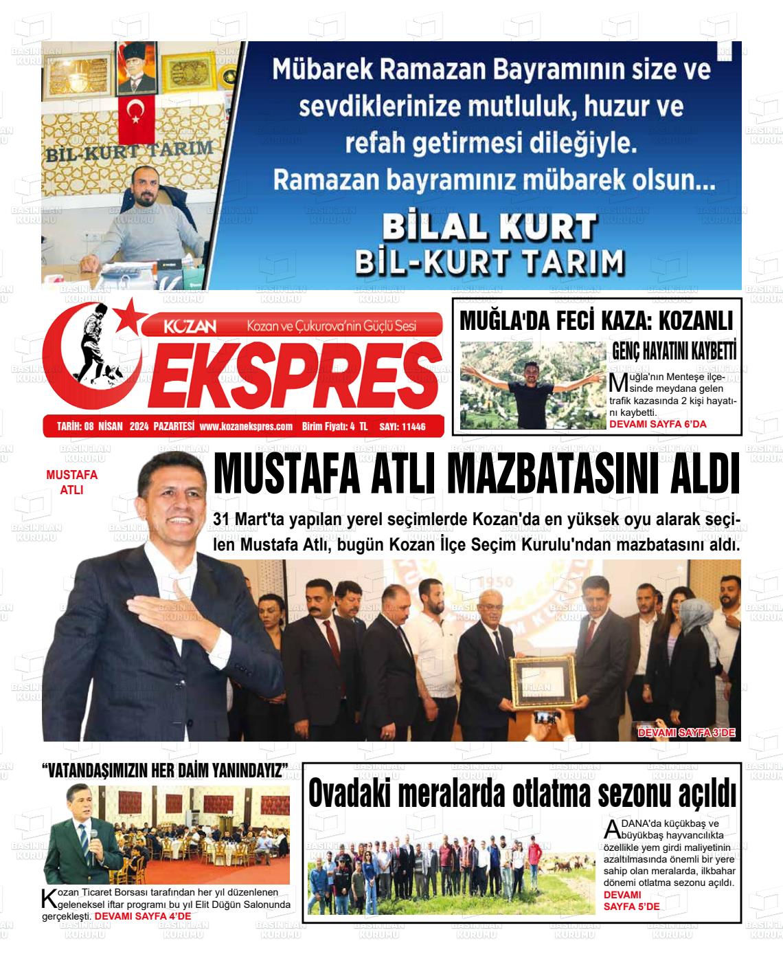 08 Nisan 2024 Kozan Ekspres Gazete Manşeti