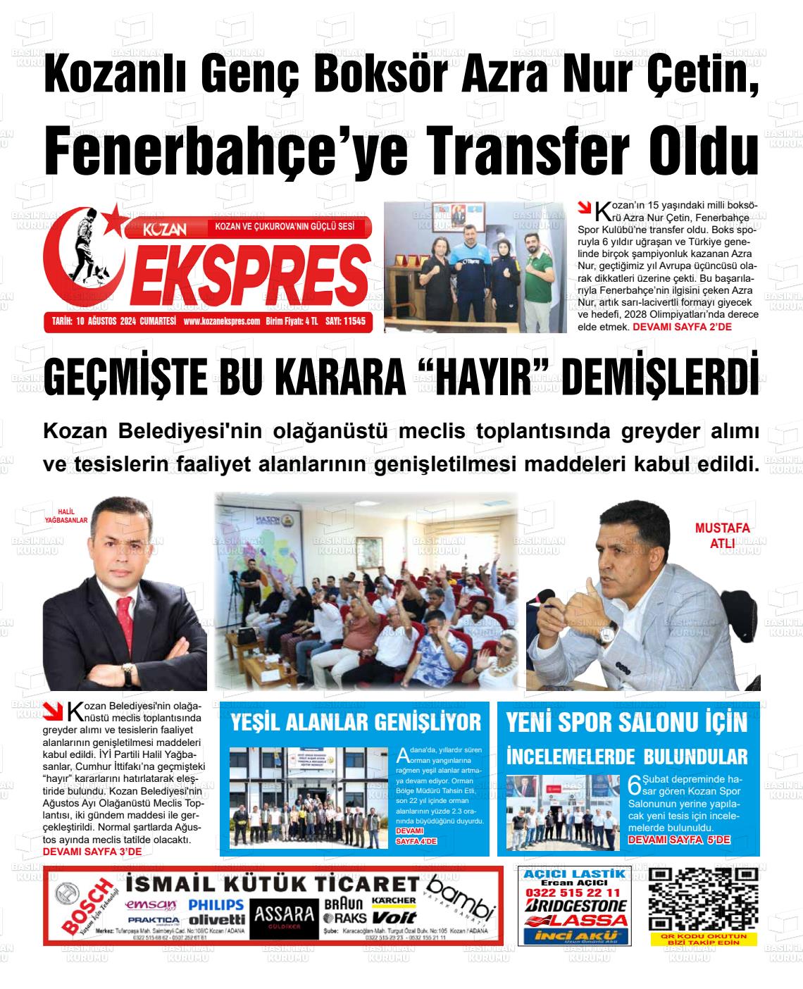 10 Ağustos 2024 Kozan Ekspres Gazete Manşeti