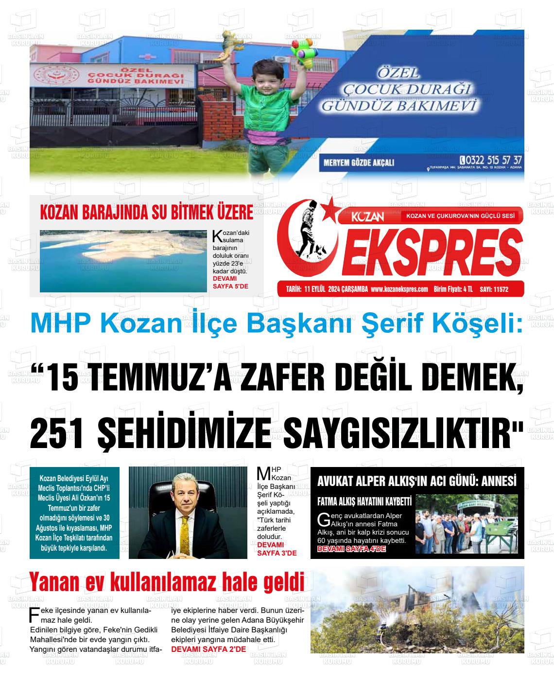 11 Eylül 2024 Kozan Ekspres Gazete Manşeti