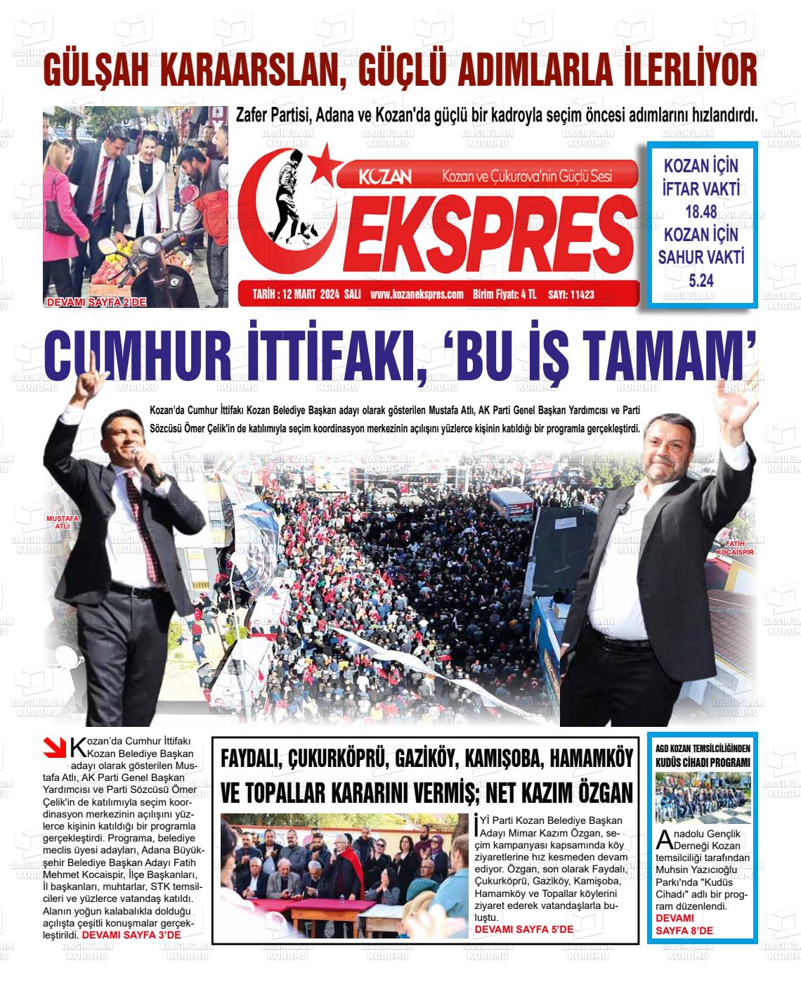 12 Mart 2024 Kozan Ekspres Gazete Manşeti