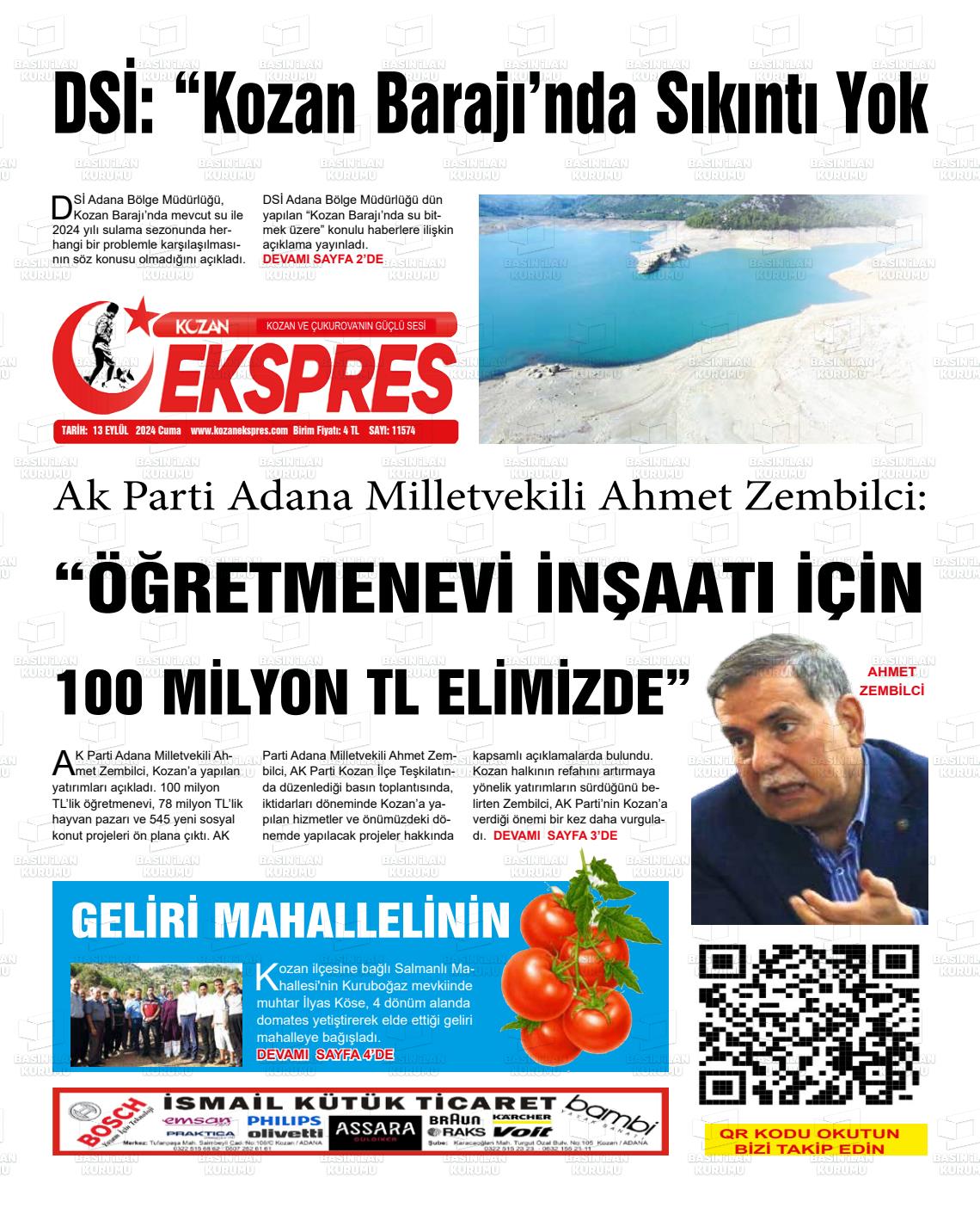 13 Eylül 2024 Kozan Ekspres Gazete Manşeti