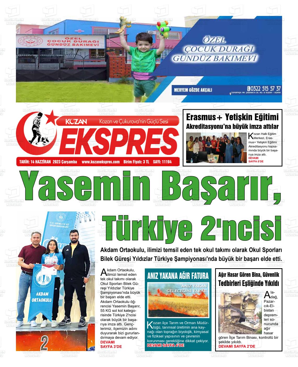 14 Haziran 2023 Kozan Ekspres Gazete Manşeti