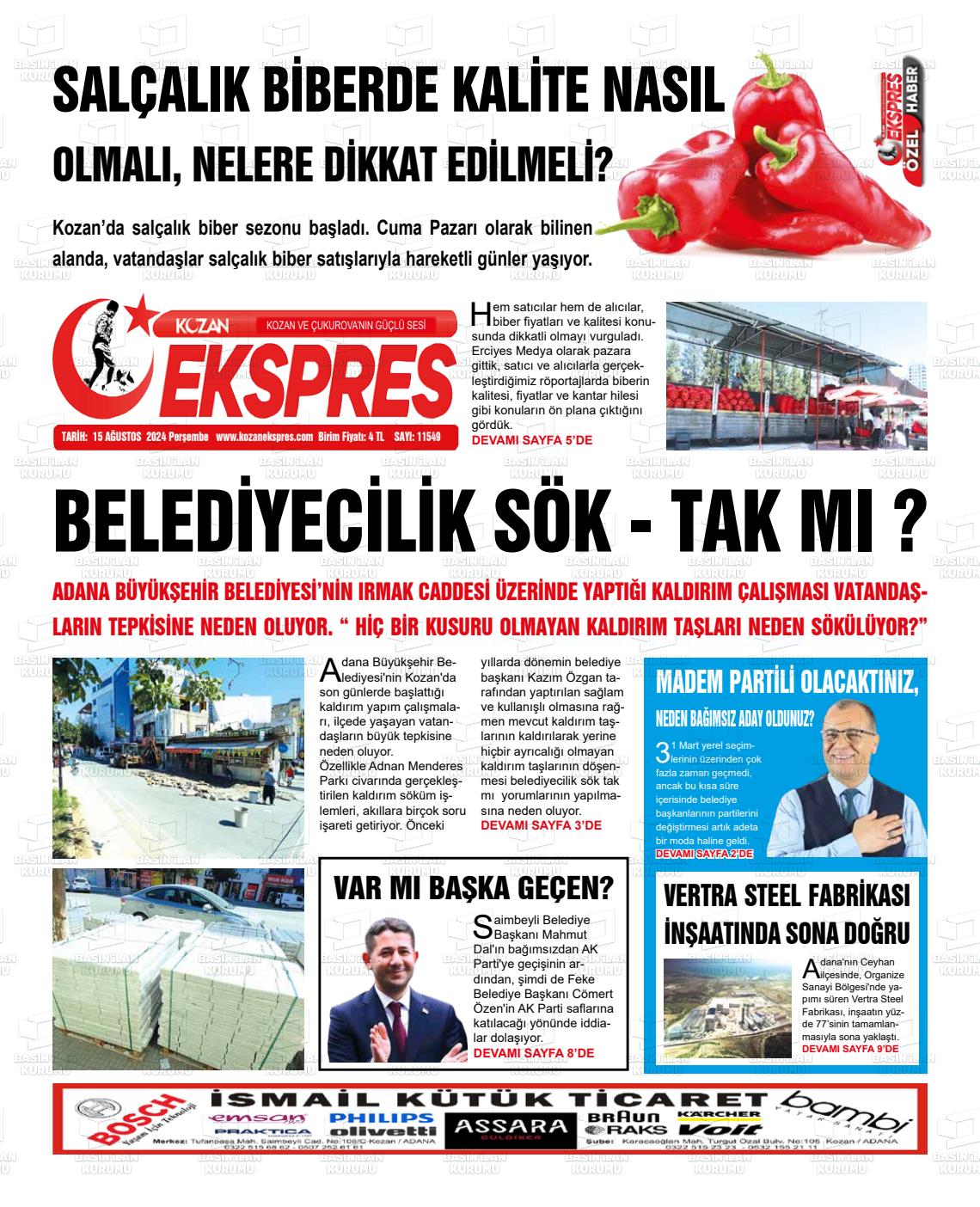 15 Ağustos 2024 Kozan Ekspres Gazete Manşeti