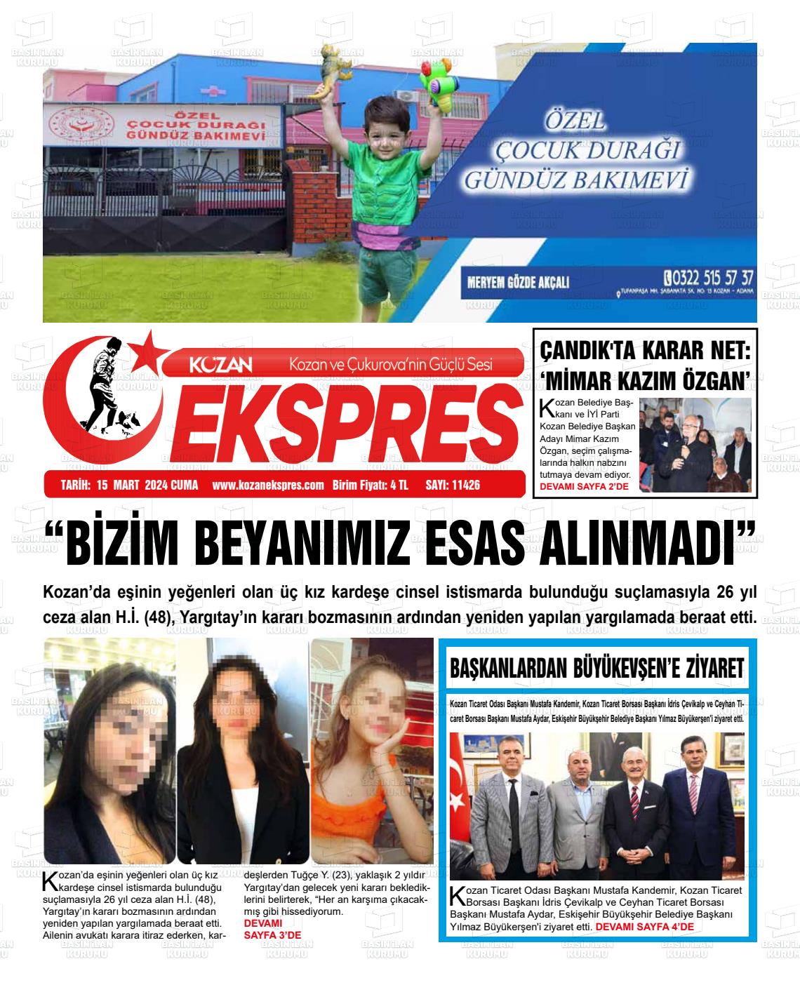 15 Mart 2024 Kozan Ekspres Gazete Manşeti