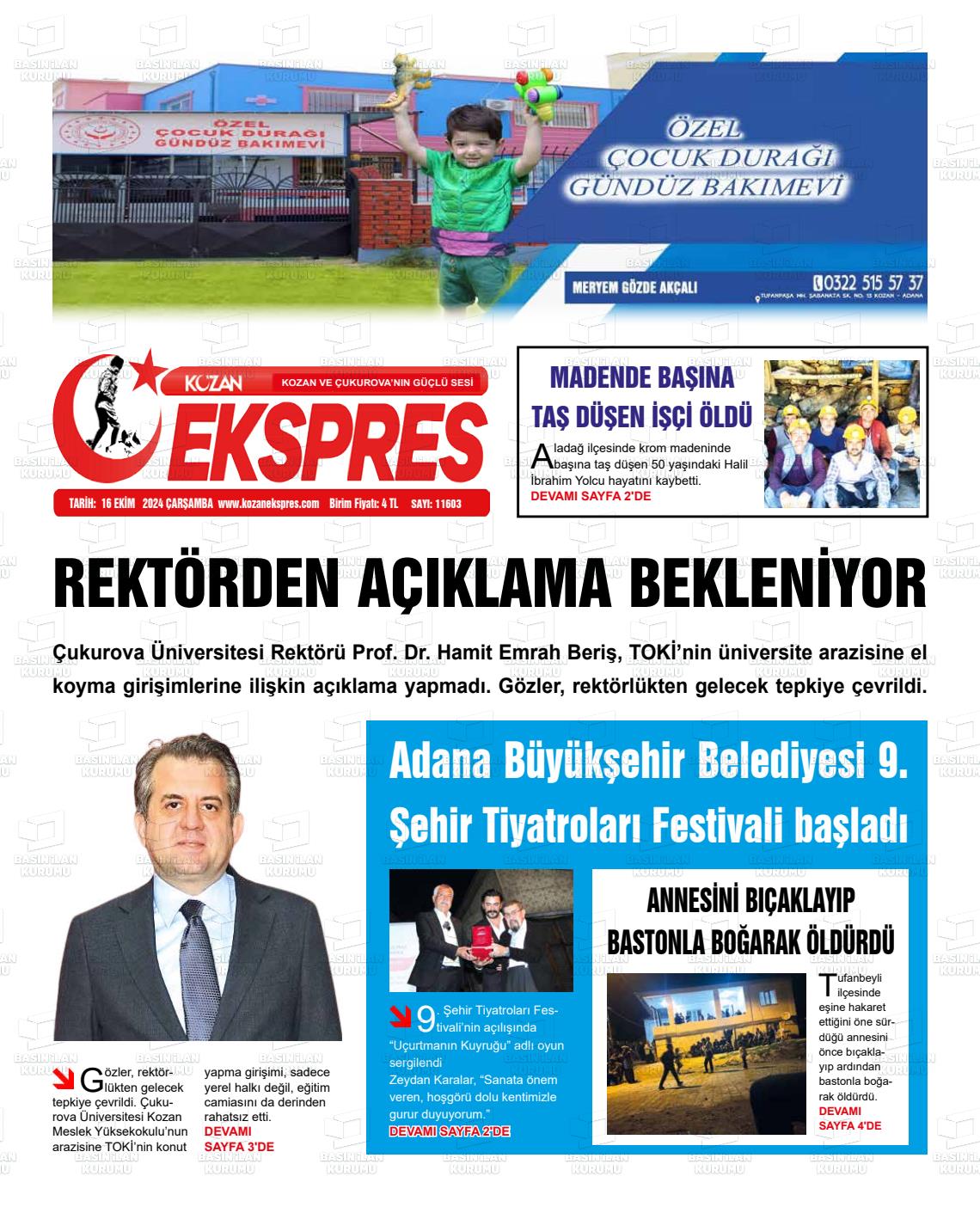 16 Ekim 2024 Kozan Ekspres Gazete Manşeti