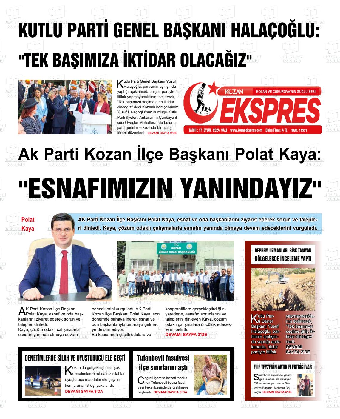 17 Eylül 2024 Kozan Ekspres Gazete Manşeti