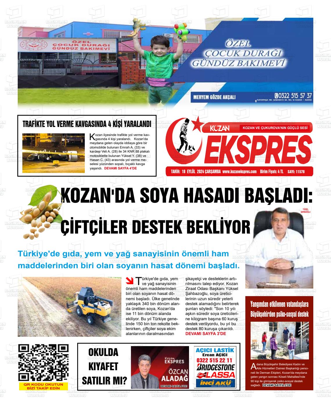 18 Eylül 2024 Kozan Ekspres Gazete Manşeti