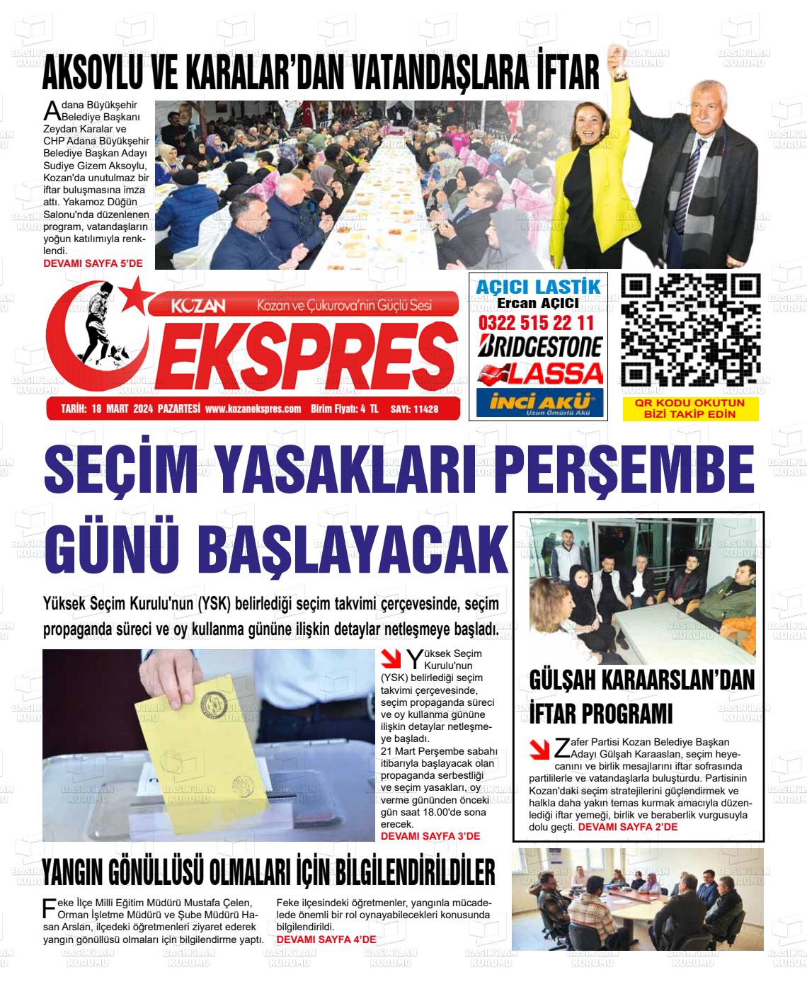 18 Mart 2024 Kozan Ekspres Gazete Manşeti