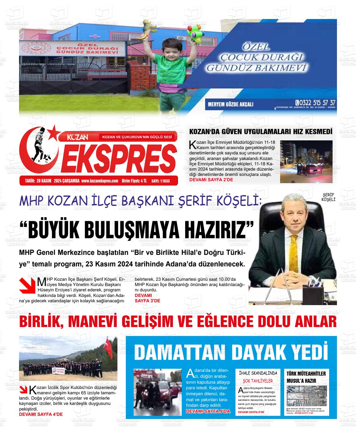 20 Kasım 2024 Kozan Ekspres Gazete Manşeti