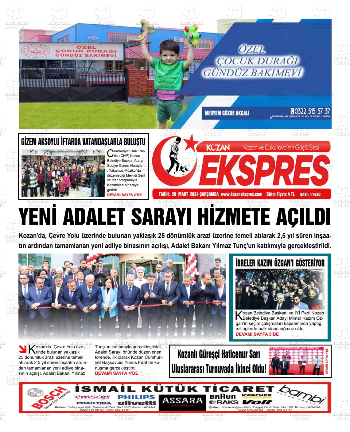 20 Mart 2024 Kozan Ekspres Gazete Manşeti