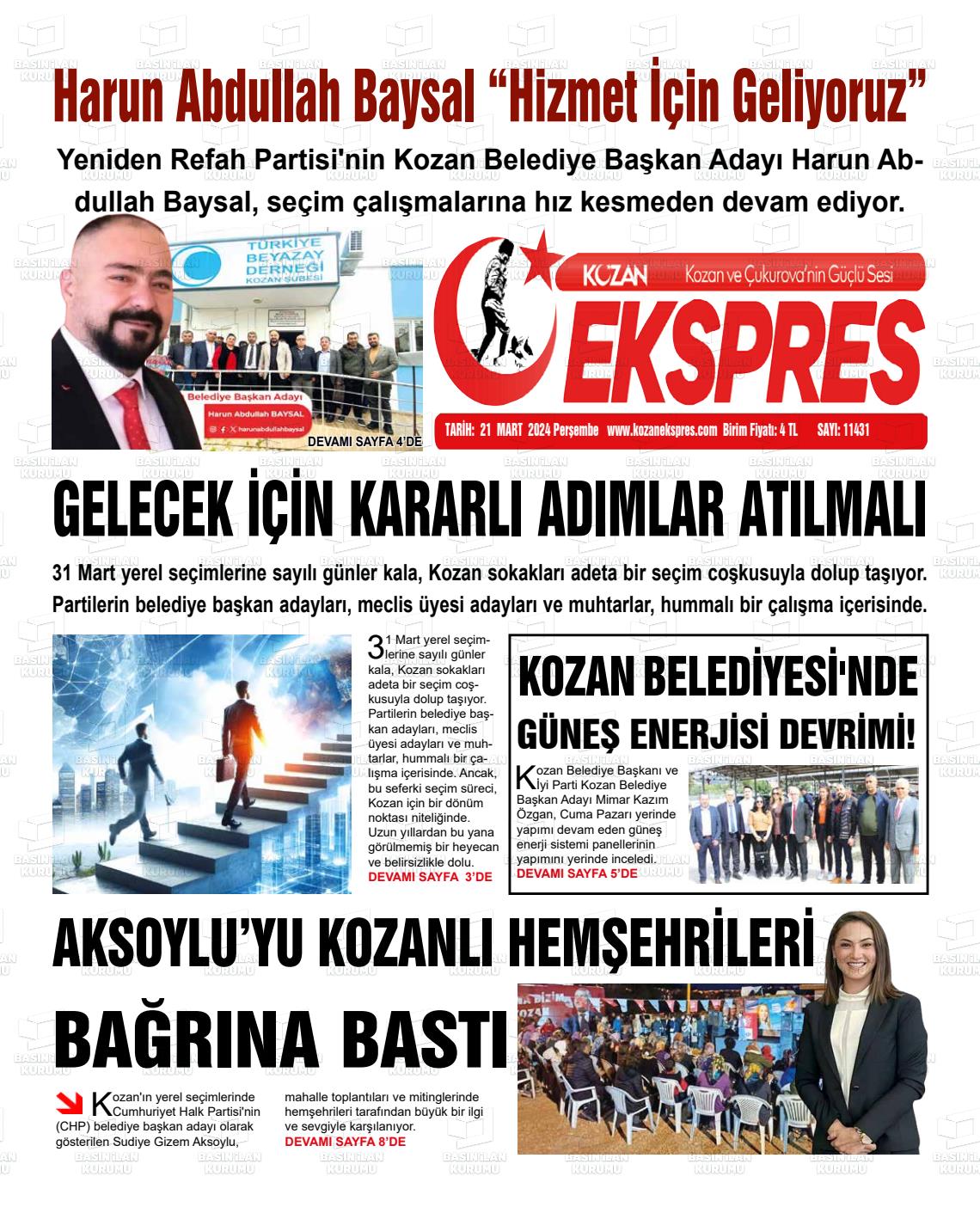 21 Mart 2024 Kozan Ekspres Gazete Manşeti